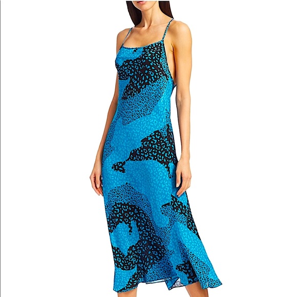 Rixo Sylvie Turquoise Blue Leopard Print Silk Midi Slip Dress Size XS NWT - Picture 1 of 14